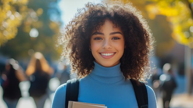 Young Student Smiles Brightly While Holding Books on Campus During a Sunny Autumn Day photo