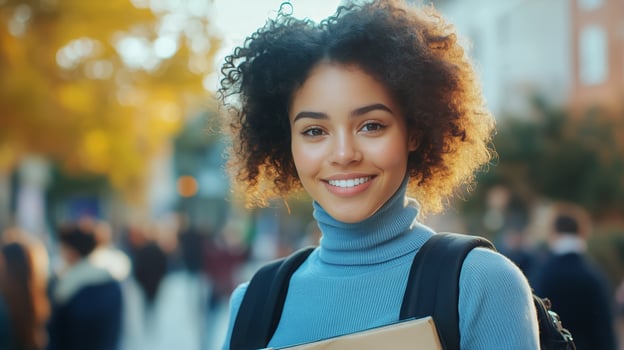 Student Smiles Brightly in Autumn Park While Carrying Books and Backpack During a Sunny Day photo