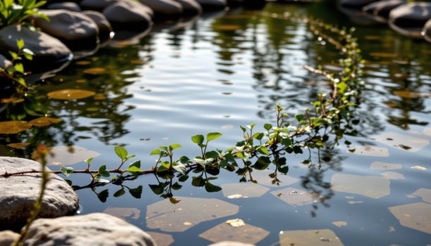 vines trailing across the surface of a calm pond surrounded by stones. photo