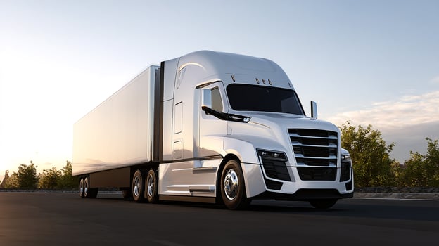 Modern White Semi Truck Speeding Along Highway At Sunrise photo