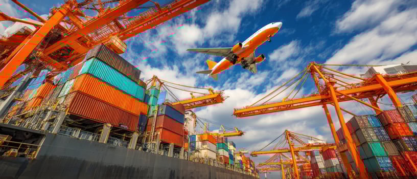 The airplane approaching a bustling cargo shipping port with colorful containers. photo