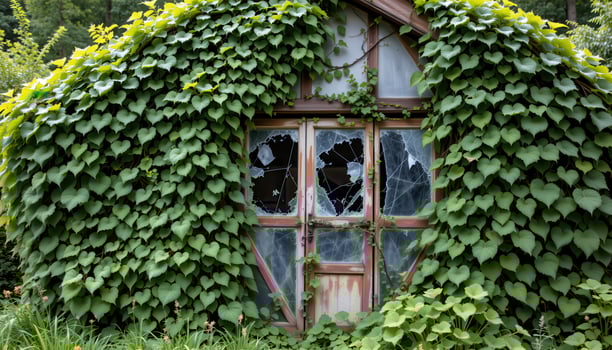 overgrown vines engulfing the facade of an abandoned greenhouse with shattered glass panes. photo