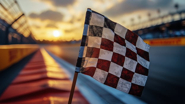 Checkered Flag Waving at Sunset During a Racing Event Near the Track With Dramatic Sky photo