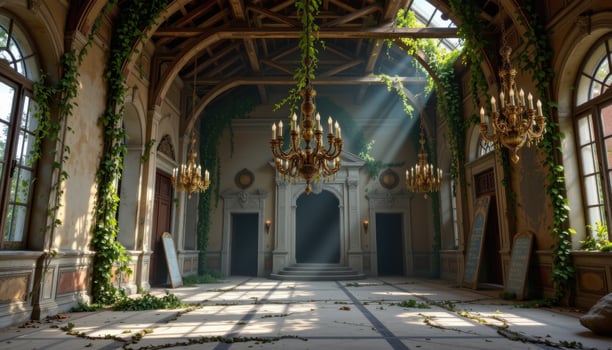 vines entwining with broken chandeliers in a grand ruined hall. photo