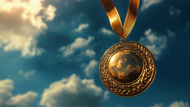 Golden Medal Hanging Against a Cloudy Sky During Late Afternoon Light, Symbolizing Achievement and Success photo