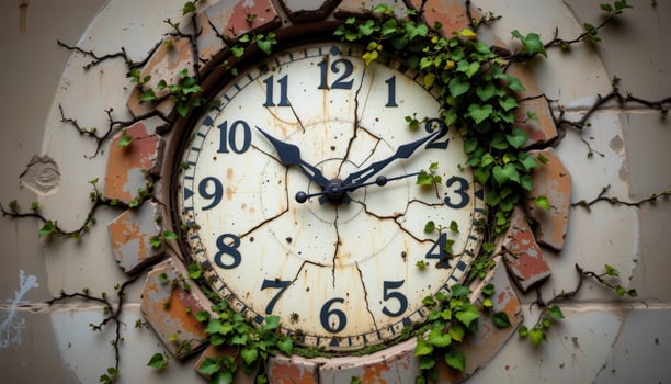 vines growing across the face of a giant broken clock embedded in a wall. photo