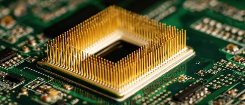 The intricate details of a microprocessor with gold pins on a circuit board photo