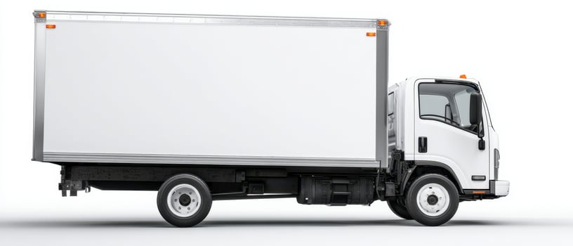 The white delivery truck parked against a clean, minimalist background. photo