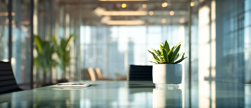 The contemporary office space featuring a stylish green plant centerpiece. photo
