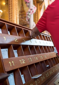 Predicted paper for the answer of Fortune Sticks or Seam-si in a wood box on the wall in a Thai temple photo