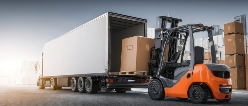 The forklift loading boxes into the truck at the logistics warehouse. photo