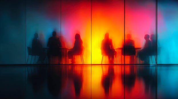 A group of people are silhouetted against colorful walls photo