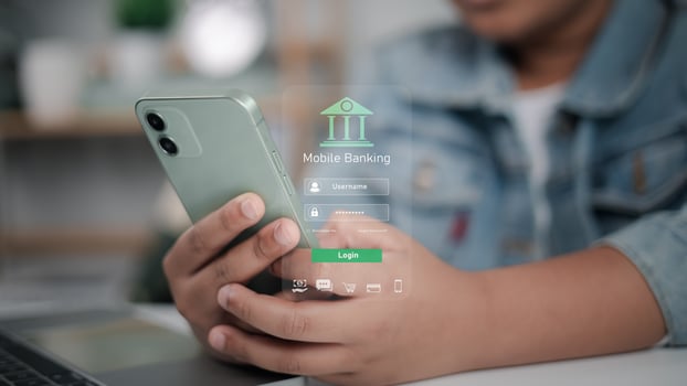 Mobile banking login interface with futuristic holographic design on smartphone, representing digital finance, secure online transactions, and personal finance management. photo