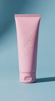 A pink tube of lotion with a leaf design on a blue background in soft studio lighting photo