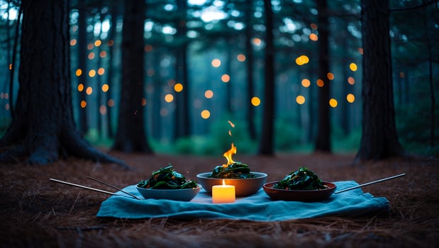 Outdoor Dining in Forest with Fire and Candle Light Ambiance photo