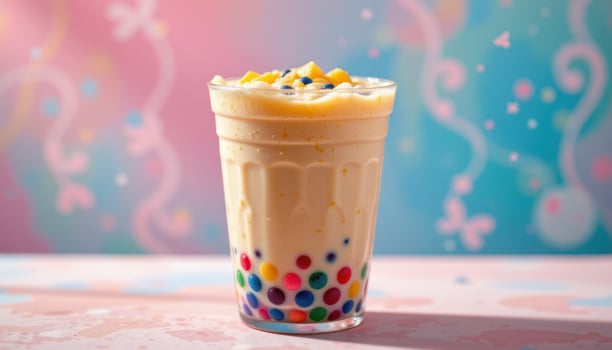 Colorful Bubble Tea with Toppings Against a Bright Pastel Background photo