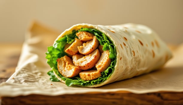 Fresh and Healthy Chicken Wrap with Lettuce in Soft Tortilla on Wooden Table photo