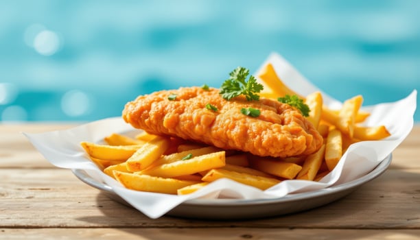 Crispy Fried Fish Fillet Served with Golden French Fries on a Wooden Table photo