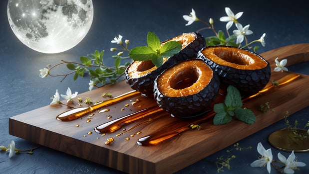 Halved Exotic Fruit on Wooden Board with Honey and Moon photo