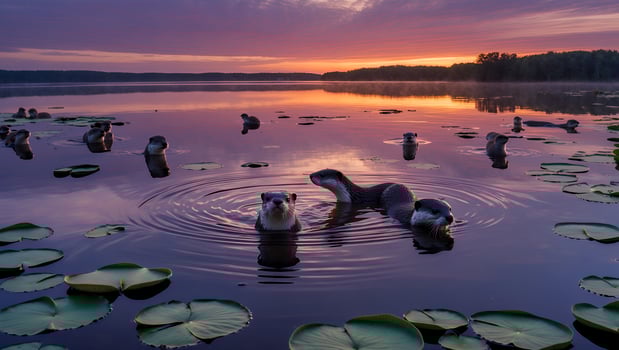 Otter Family Swimming in Lake at Sunset with Lily Pads photo