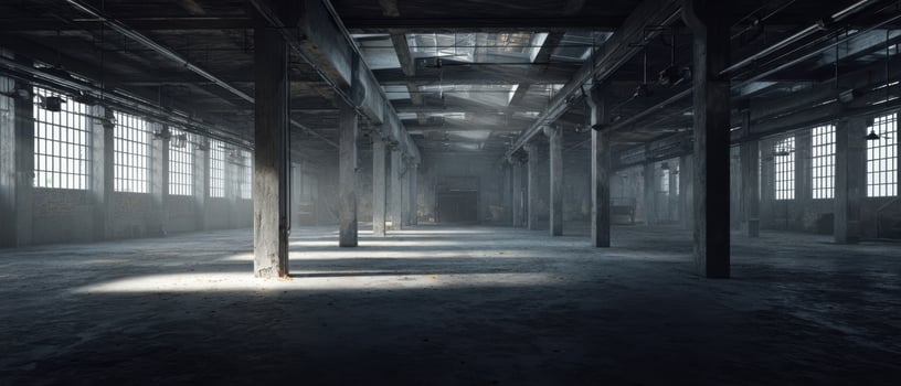The abandoned warehouse space filled with natural light and dramatic shadows. photo