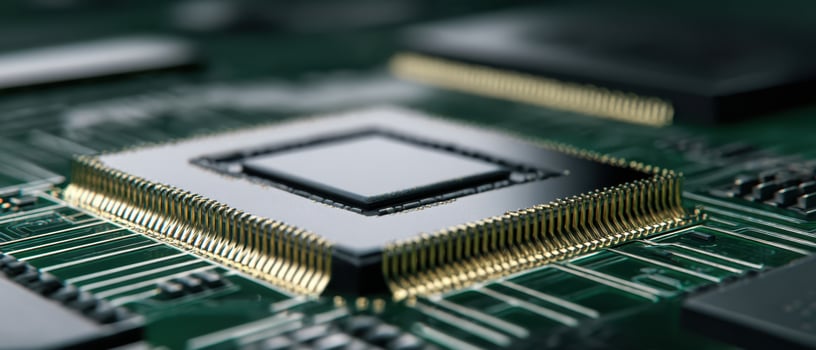 The intricate design of a microchip on a green circuit board. photo