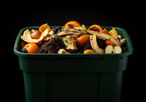 A green trash can filled with fruit and vegetables photo