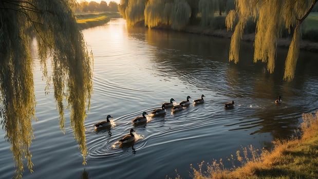 Geese Swimming in River Under Willow Trees at Golden Hour photo