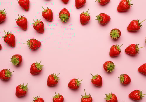 Strawberries arranged in a circle on a pink background photo