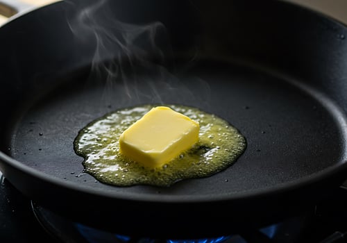 A butter cube is being cooked in a pan photo