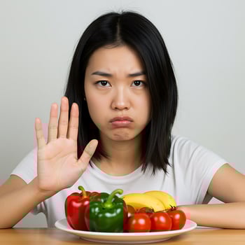 A woman sitting at a table with a plate of vegetables photo