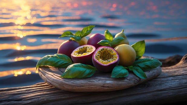 Tropical Fruit and Green Leaves Arrangement on Wooden Surface by Water photo