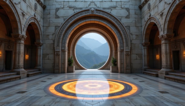 a geometrically perfect arch centered on a glowing circle carved into the floor. photo