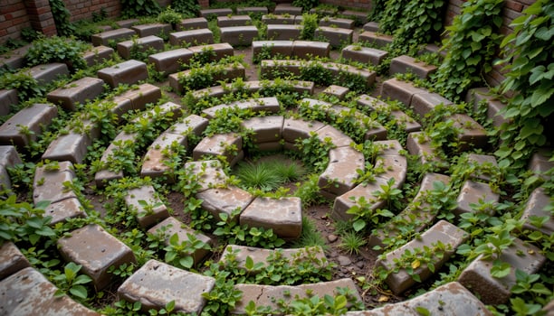 vines filling the cracks of an ancient stone labyrinth slowly being reclaimed. photo