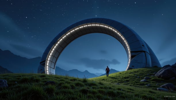 a futuristic metallic arch glowing faintly with embedded lights, rising from a grassy hill under stars. photo