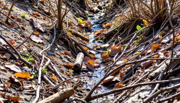 a dry creek bed tangled with vines and scattered fallen branches. photo