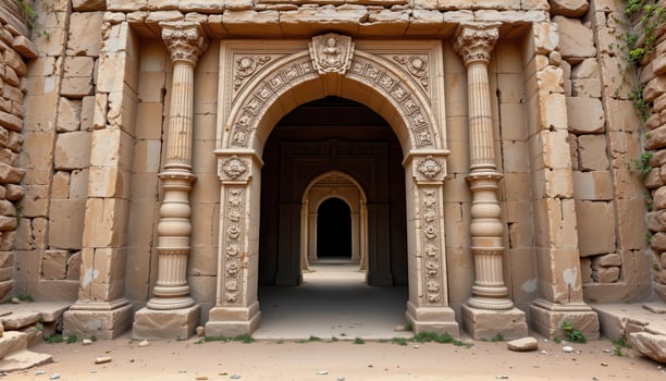 a beautifully carved archway inside a silent, dust filled temple ruin lost in time. photo