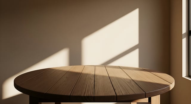 Empty Round Wooden Table with Morning Light photo