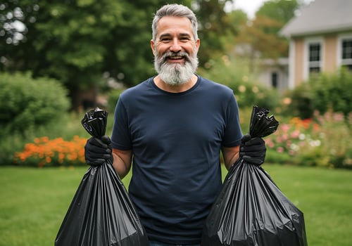 A man with a beard and a blue shirt holding two black garbage bags photo
