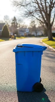 A blue trash can sitting on the side of the road photo