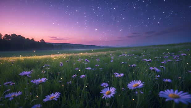 Daisies in Meadow Under Starry Night Sky at Twilight photo