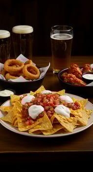 A table with a plate of nachos, a beer and a beer photo