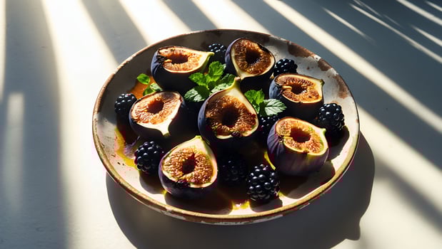 Figs and Blackberries on Plate with Light and Shadow photo