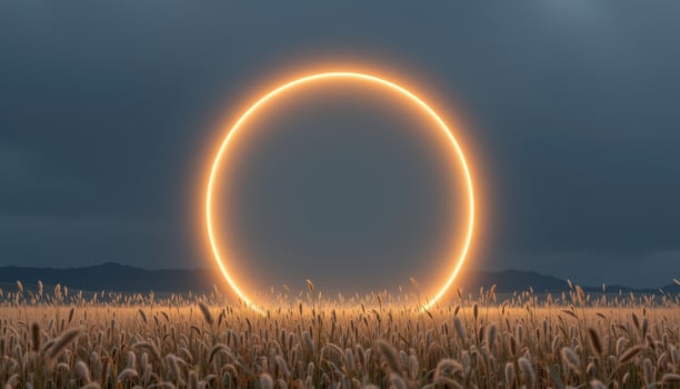 a circular arch shaped like a full moon, glowing faintly in a field of tall grass. photo
