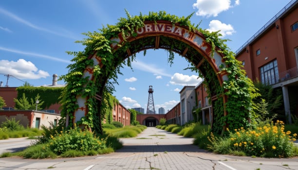 a metallic arch, overgrown with vines and rusted by time, rising from the cracked pavement of an abandoned industrial complex. photo