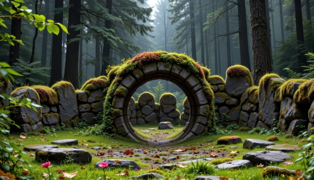 a mossy, ancient arch nestled within a ring of standing stones, hidden in deep woodland. photo