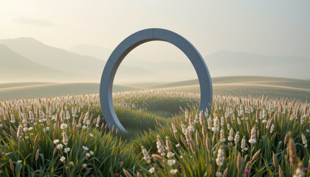 a bone white arch standing amid misty fields of tall silver grass. photo