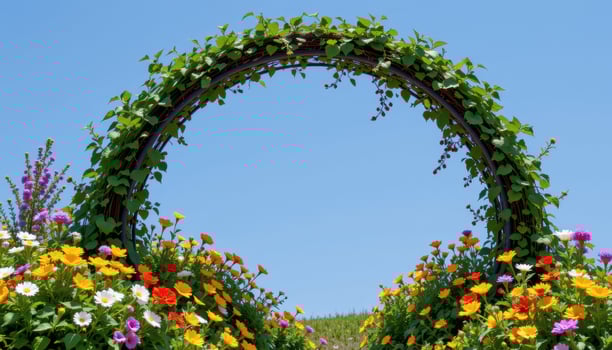a vine draped arch with wildflowers growing all around its base. photo