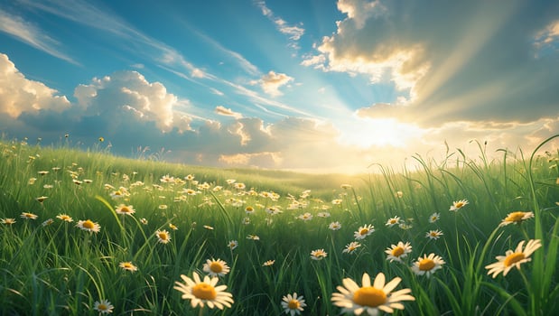 Daisies in Meadow Under Sunlight Shining Through Clouds Scenery photo
