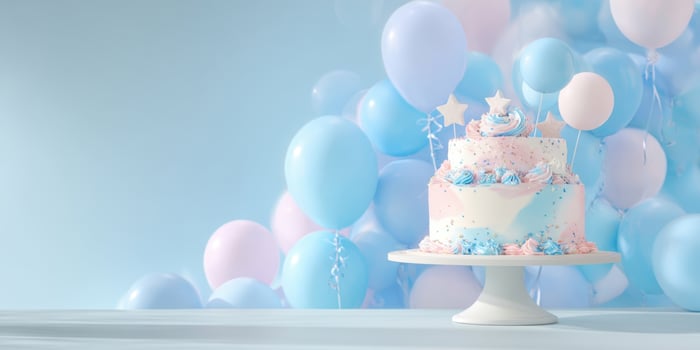 The beautifully decorated cake surrounded by pastel balloons for a joyful celebration. photo
